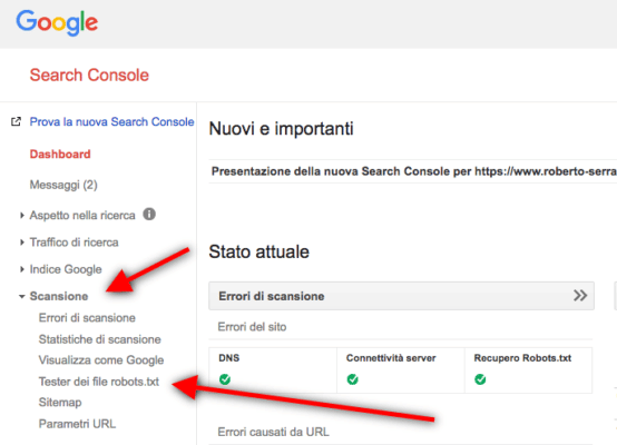 test del file robots.txt con la search console di google