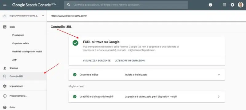 verifica controllo url da search console