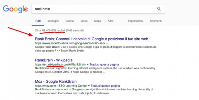 corso seo: posizione rank brain sito web di roberto serra