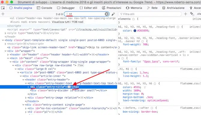 trovare il tag heading H1 nel codice della pagina SEO
