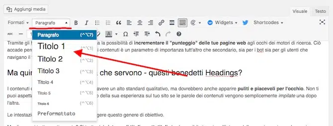 headings SEO nell'editor di wordpress