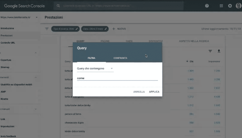 come filtrare le query su search console