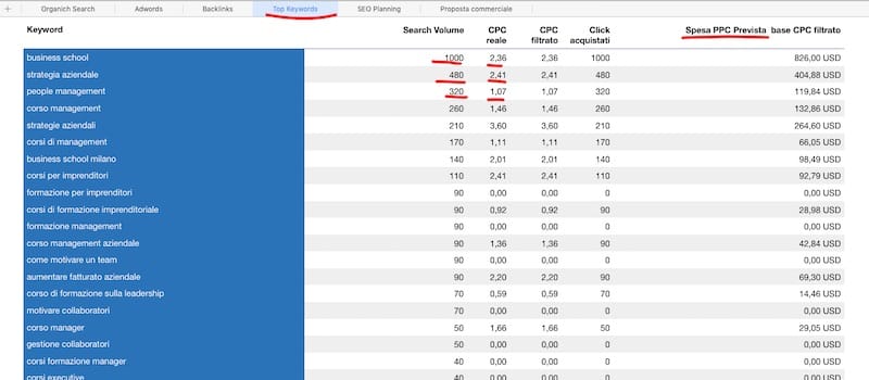 top keywords dentro l'indagine di mercato