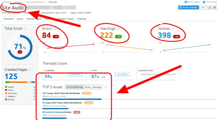 analisi errori sul sito con semrush seo tool