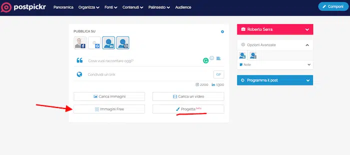 la creazione di un post per il social media marketing tramite postpickr