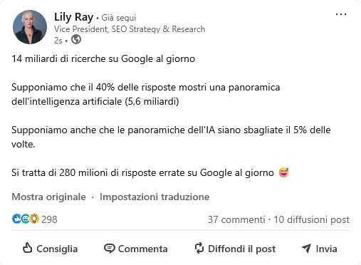 Lily Ray su LinkedIn marzo 2025 su AI Overview