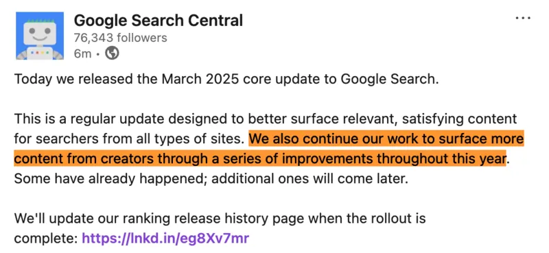 Google Search Central su LinkedIn Core Update Marzo 2025