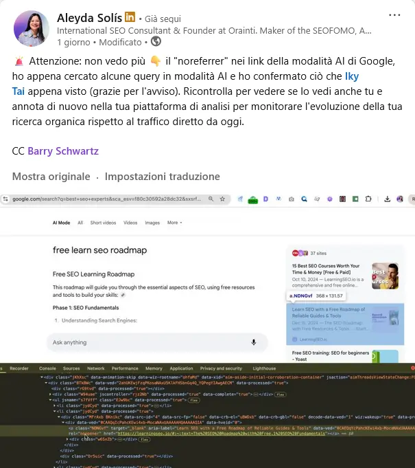 Aleyda Solis su LinkedIn bug Search Console 28 maggio 2025