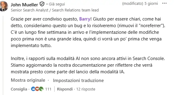 John Mueller su LinkedIn 25 maggio 2025