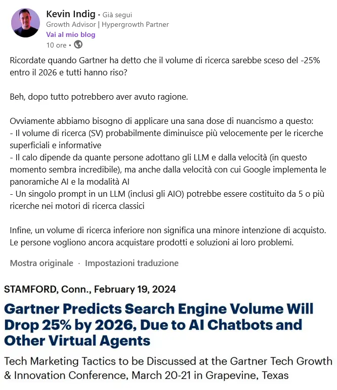 Kevin Indig su LinkedIn 15 maggio 2025