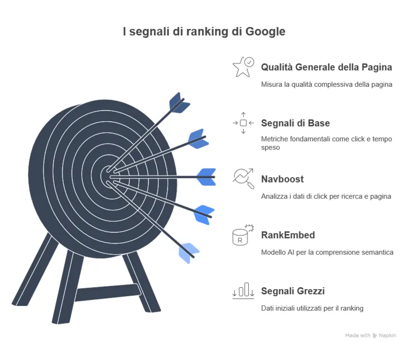 Grafico con Napkin sui segnali ranking di Google basato su quanto emerso dal processo Antitrust USA maggio 2025