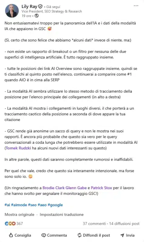 Lily Ray su LinkedIn 18 giugno 2025