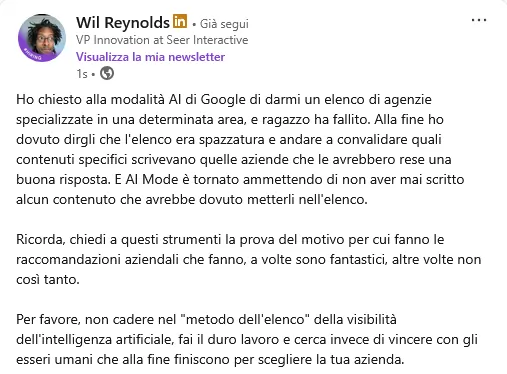 Wil Reynolds su LinkedIn 18 giugno 2025