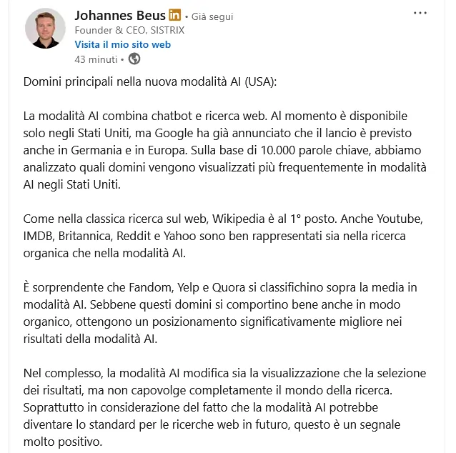 fonte LinkedIn Johannes Beus 2 luglio 2025