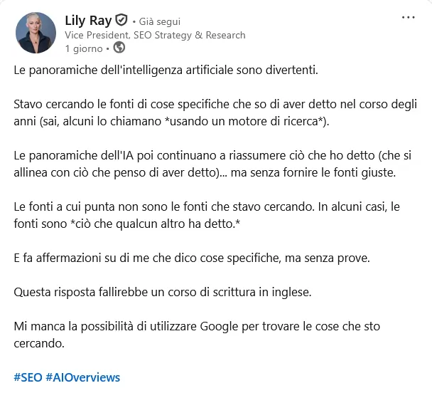 Lily Ray su LinkedIn 23 luglio 2025