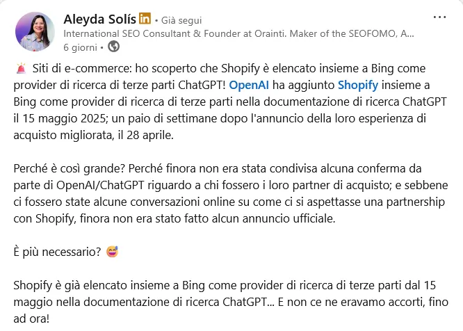 Aleyda Solis su LinkedIn 11 luglio 2025
