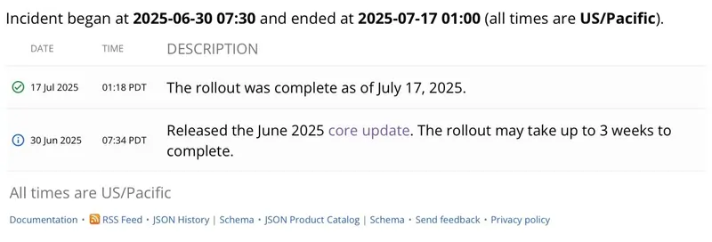 Roll out Core Update June 2025 annuncio Google 17 luglio 2025