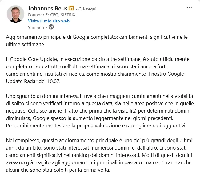 Johannes Beus di Sistrix su LinkedIn 17 luglio 2025
