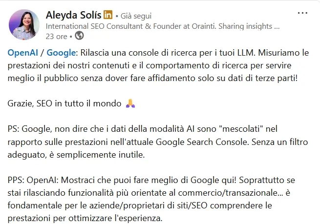 Aleyda Solis su LinkedIn 30 settembre 2025