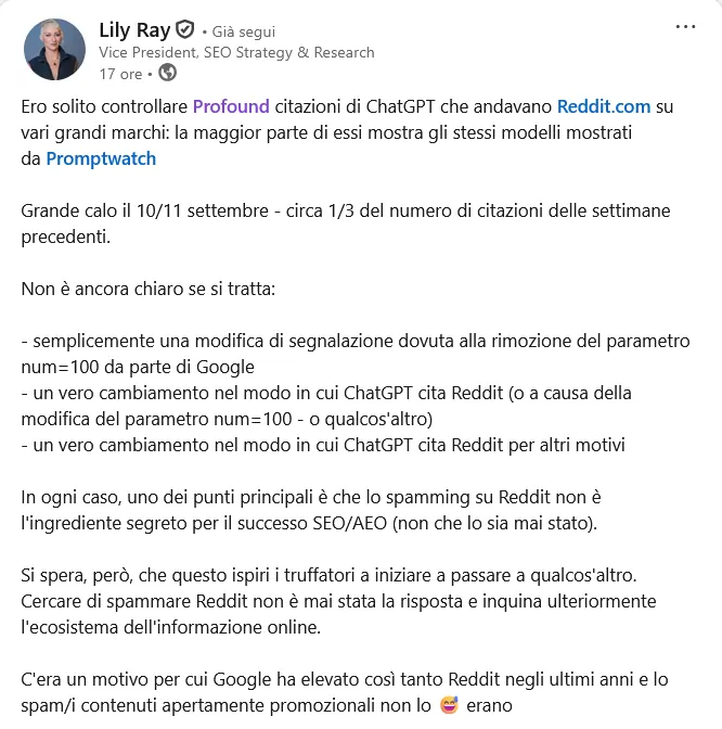 Lily Ray, LinkedIn 3 ottobre 2025