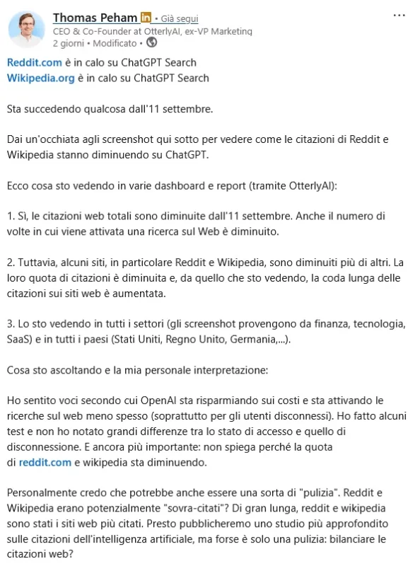 Thomas Peham LinkedIn 1 ottobre 2025