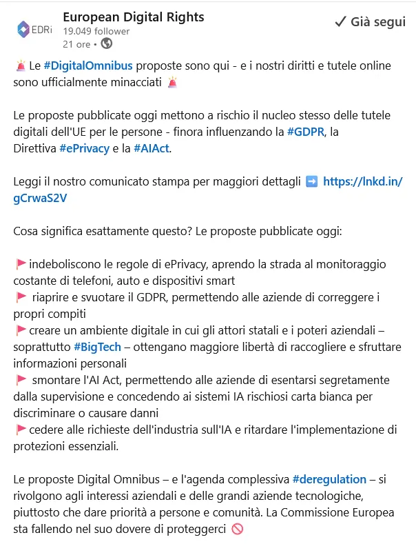 Post di European Digital Rights su LinkedIn 19 novembre 2025