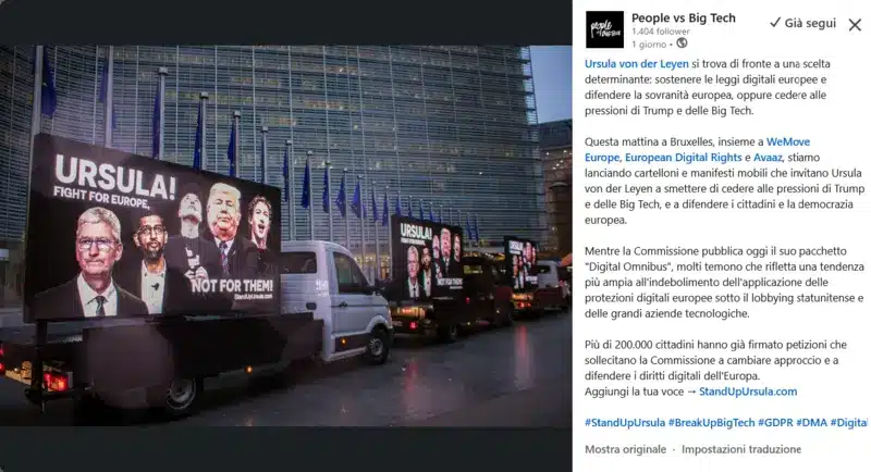 Post di People vs Big Tech su LinkedIn 19 novembre 2025