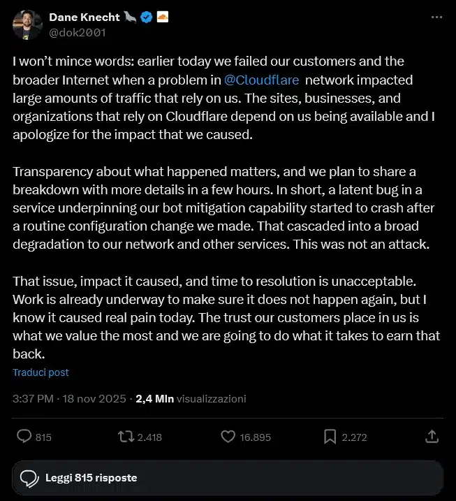 Dane Knecht CTO di CloudFlare si scusa su X | 18 novembre 2025