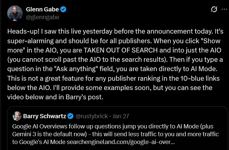 Glenn Gabe su X, risponde a Barry Schwartz, 27 gennaio 2026