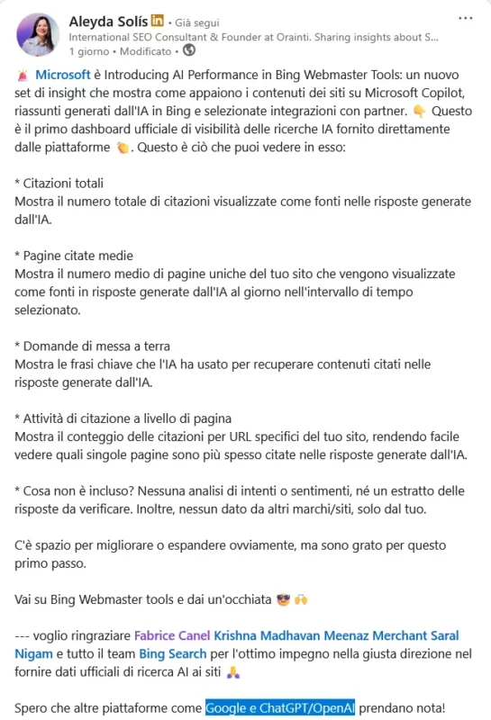 Aleyda Solis su LinkedIn, su AI Performance di Bing, 11 febbraio 2026