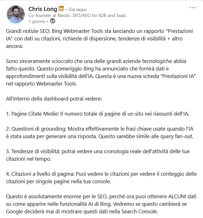 Chris Long su LinkedIn, su AI Performance di Bing, 11 febbraio 2026