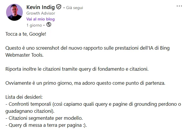 Kevin Indig su LinkedIn, su AI Performance di Bing, 11 febbraio 2026