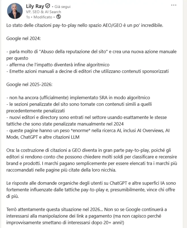 Lily Ray su LinkedIn 18 febbraio 2026