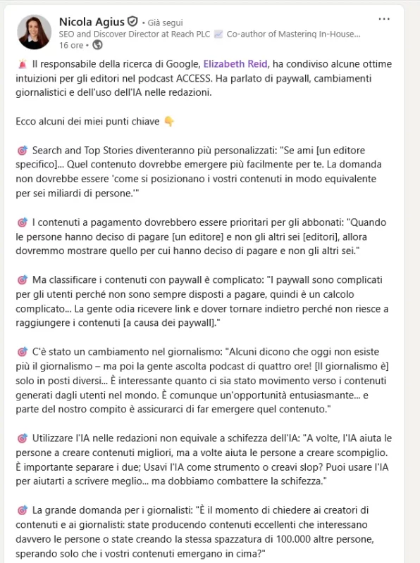 Nicola Agius su LinkedIn, 11 marzo 2026