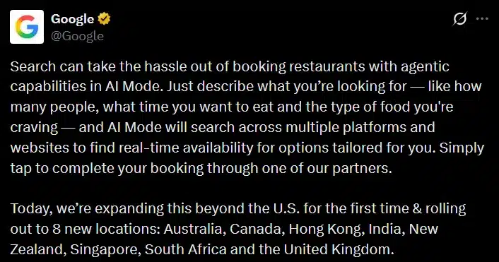 Annuncio Google su X su AI Mode e prenotazioni ristoranti, 10 aprile 2026