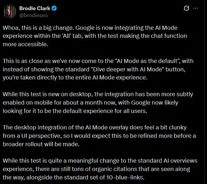 Brodie Clark su AI Mode, su X, 1 aprile 2026