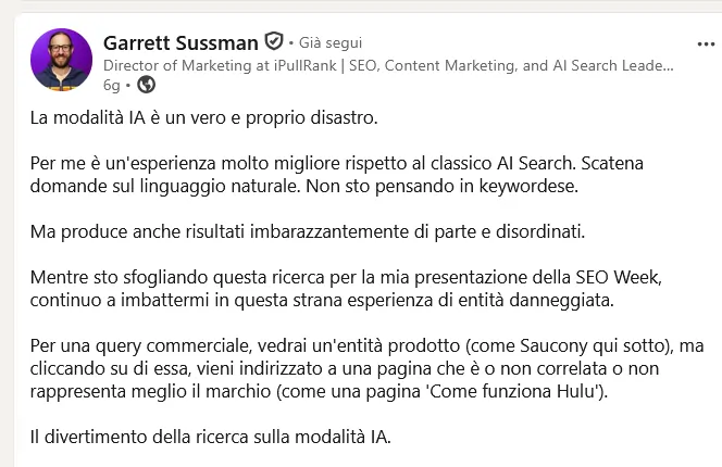 Post su LinkedIn di Garrett Sussman 9 aprile 2026