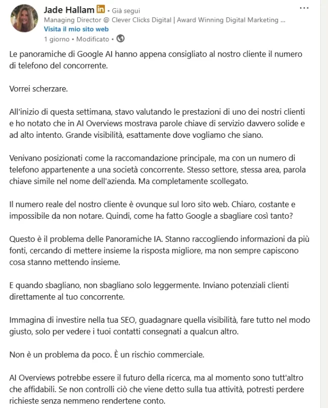 Jade Hallam su LinkedIn 29 aprile 2026