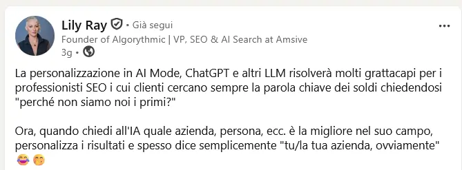 Lily Ray su LinkedIn, 12 aprile 2026