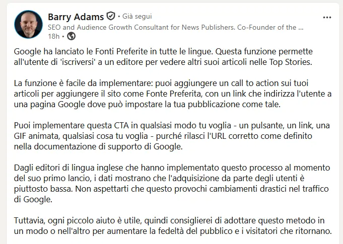 Barry Adams su LinkedIn, 6 maggio 2026