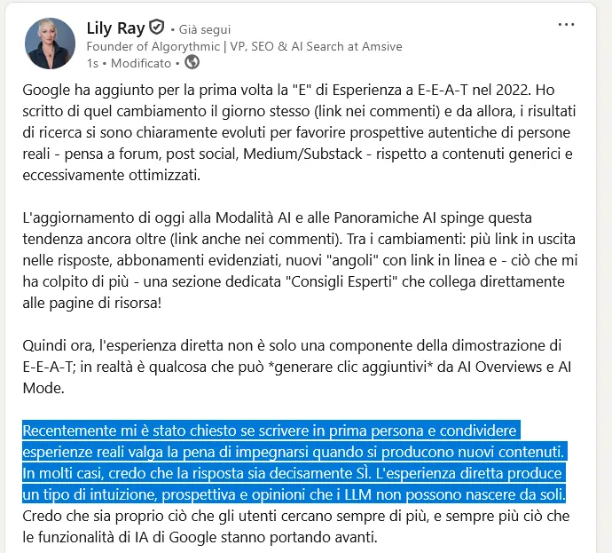 Lily Ray 7 maggio 2026 su LinkedIn
