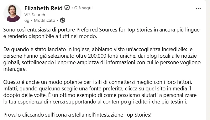 Liz Reid di Google su LinkedIn, 1 maggio 2026