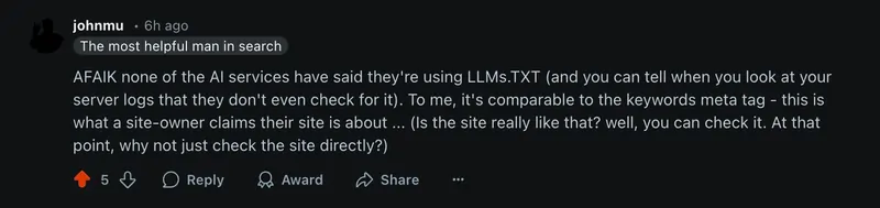 John Mueller su Reddit su llms.txt, 2025