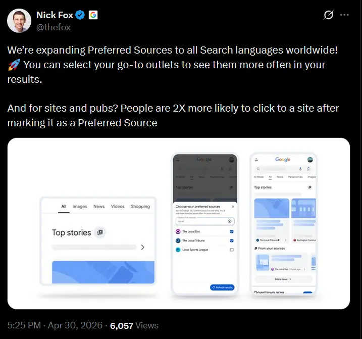 Nick Fox dI Google su X, 30 aprile 2026