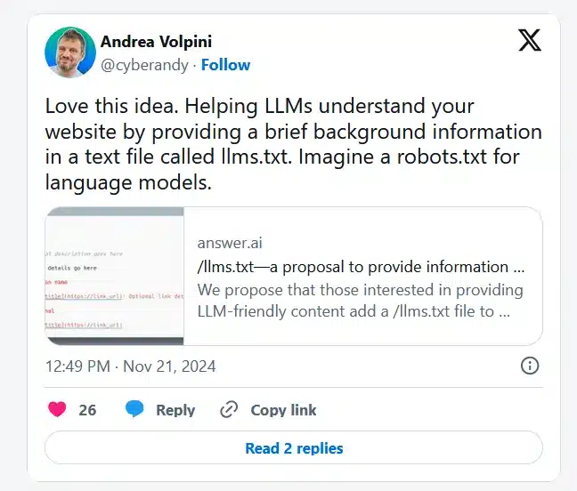 Andrea Volpini su llms.txt novembre 2024