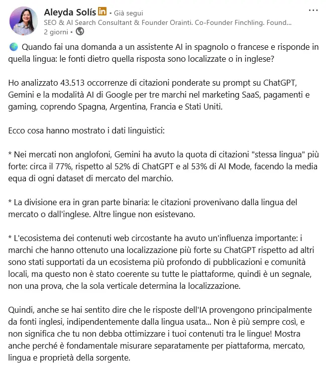 Fonte Aleyda Solis, LinkedIn, 28 luglio 2026