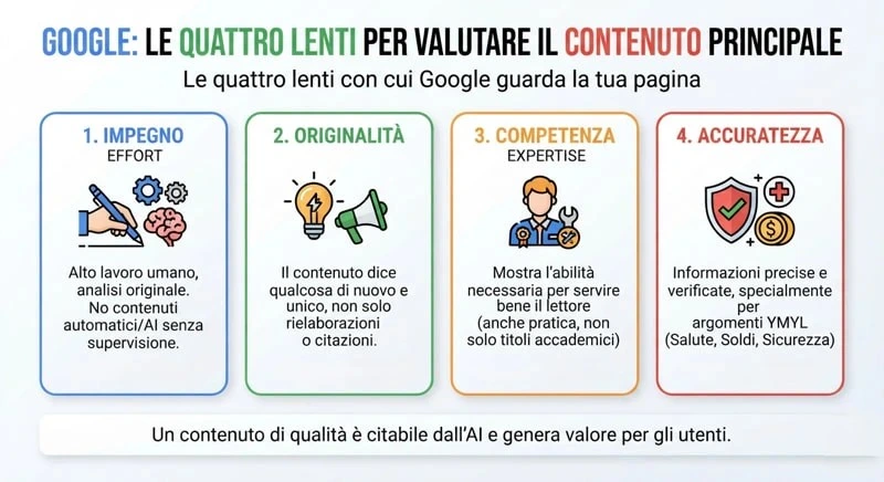 Fonte Google. Tratto dalla documentazione di
Search Central: "Crea contenuti utili, affidabili e pensati per le persone"