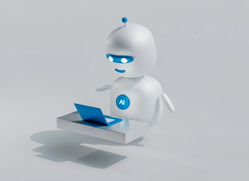 Robot con la scritta AI che lavora a un computer portatile, come l'agente AI che gestisce i social con PostPickr