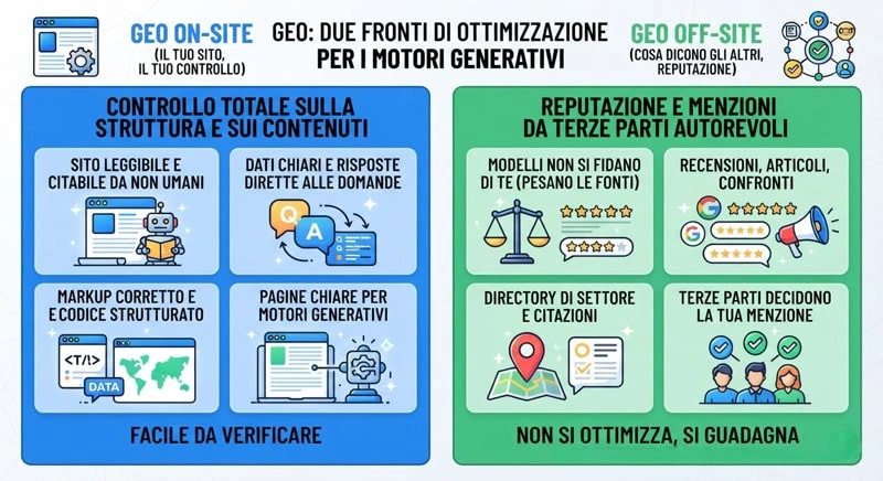 Infografica su GEO on-site e off-site realizzata con Nano Banana di Gemini
